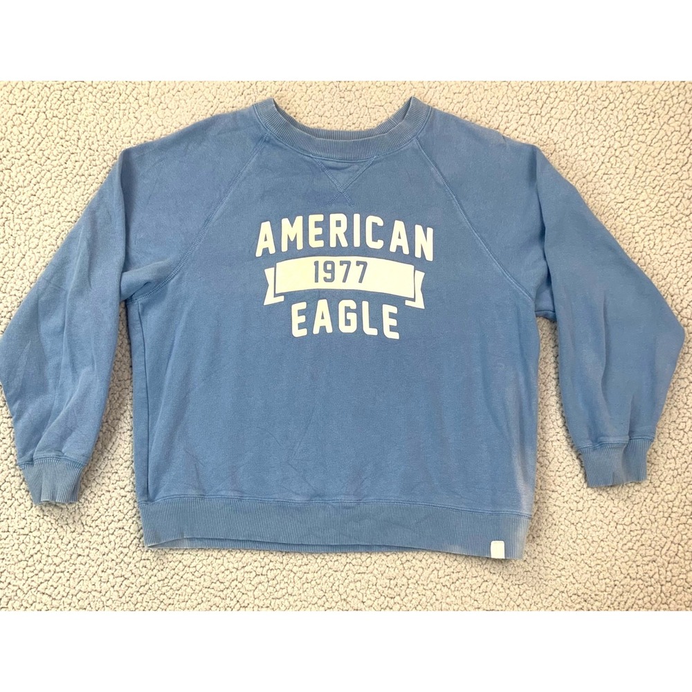 American Eagle Sweatshirt Mens Medium Blue Graphic Fleece Raglan‎ Pullover